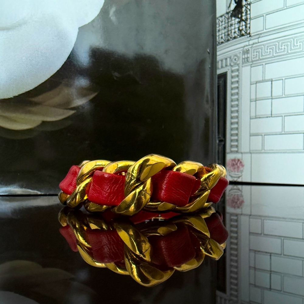 CHANEL Gold Chain Bracelet with Red Leather Weave